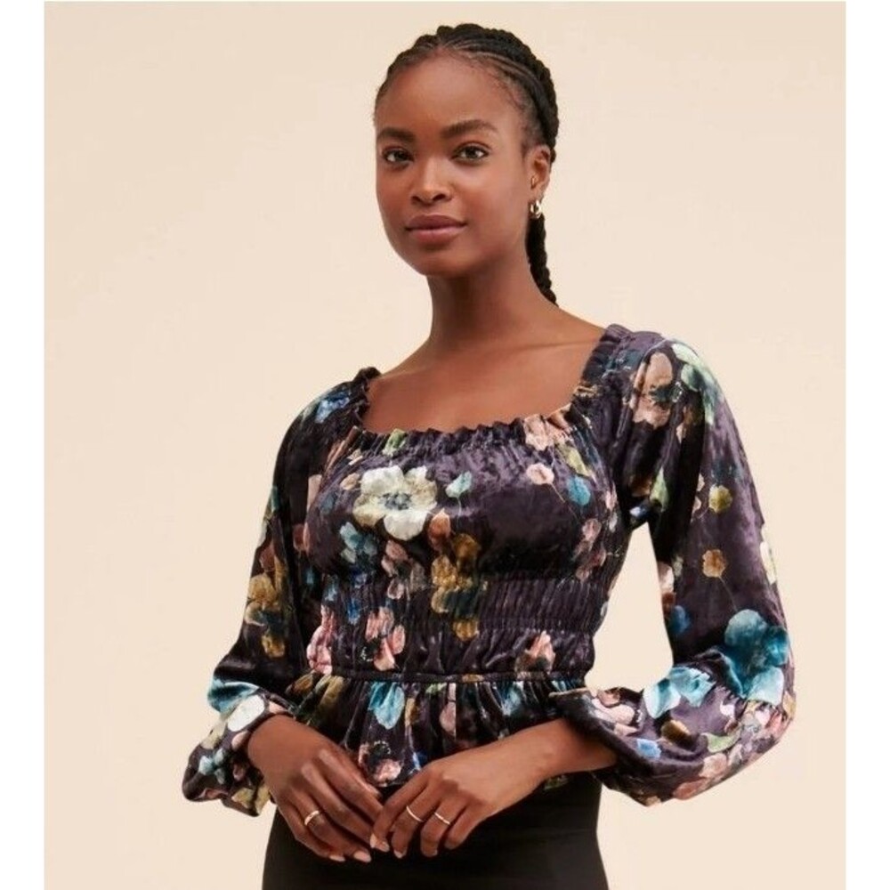 Anthropologie Hutch Velvet Floral Puff-Sleeved Blouse XL Retails $158 Whimsigoth - Picture 2 of 13